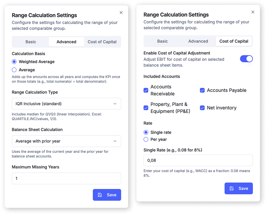 ArmsLength AI benchmarking configuration panel showing range type, percentile method, multi-year, and loss-maker options